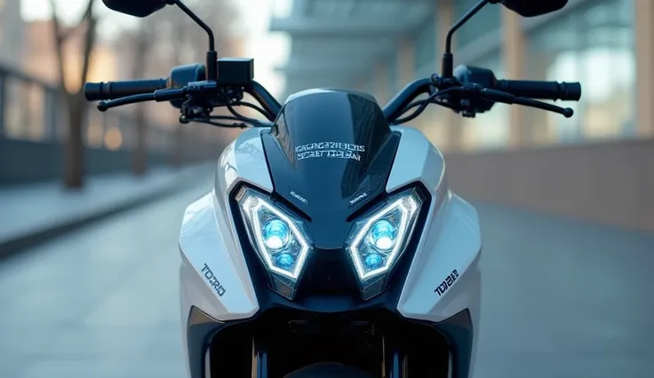 "An advanced 125cc CNG motorcycle designed for eco-friendly commuting, featuring a sleek white body with modern branding, a digital dashboard with futuristic blue display elements, and a stylish headlight setup. The motorcycle embodies innovation with a fo...