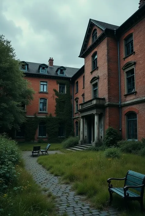  - Image :  A large and magnificent old hospital ,  but looked worn and neglected .   The building of dark red brick ,  parts of the walls collapsed ,  with broken, dark windows .   Weeds thrive around the building .   The sky looked cloudy and gloomy .
 -...