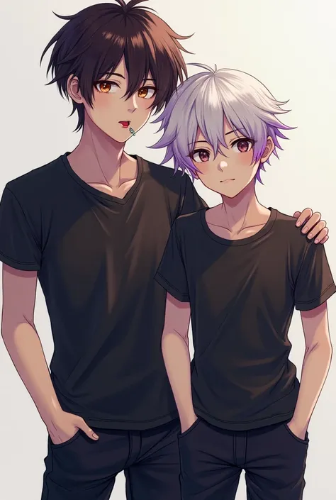  Gay Couple
A tall boy ,  with dark brown and slightly long hair , brown eyes candy ,  with a lip piercing on his left side and an ear piercing ,  wearing black clothes 
 The other boy with white hair and purple tips, dark brown eyes,  a little shorter in ...