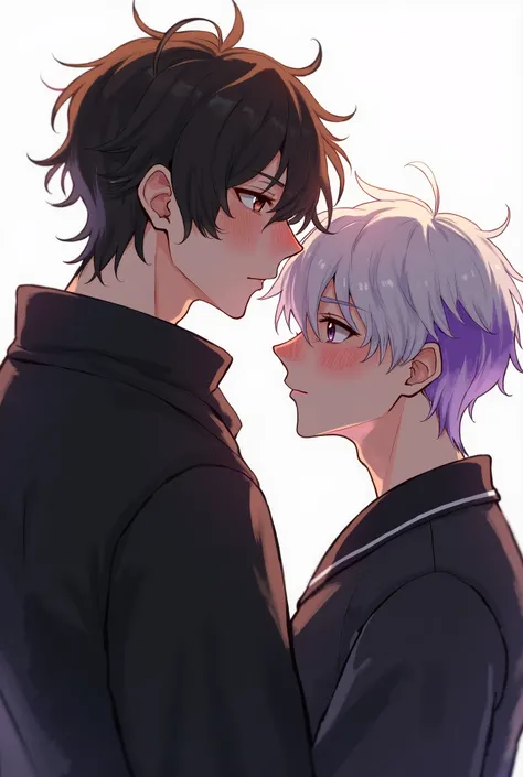  Gay Couple
A tall boy ,  with dark brown and slightly long hair , brown eyes candy ,  with a lip piercing on his left side and an ear piercing ,  wearing black clothes 
 The other boy with white hair and purple tips, dark brown eyes,  a little shorter in ...