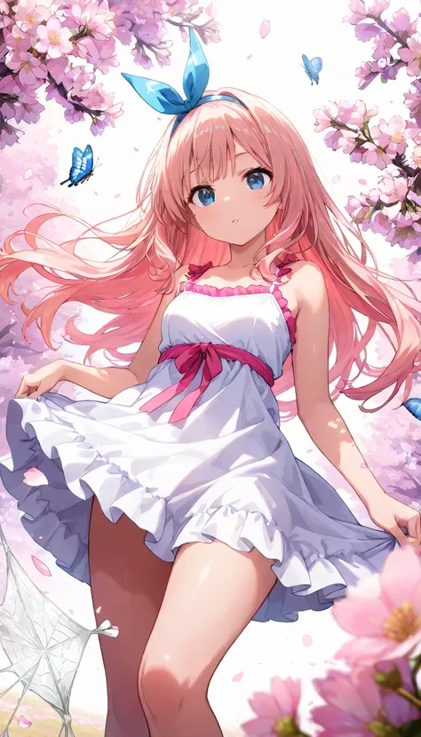 (CG Unity 8K wallpaper very detailed) ( better quality ) (Better lighting) (an extremely delicate and  beautiful) (floating) ( beautiful) ( spring vibe) ( 1 girl in the best) ( long pink hair ), ( Hair Band ), (detailed and  beautiful blue eyes), (( Very S...