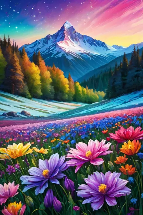 Animated, exquisitely detailed, colors bright and deep, pastel, dramatic, bright and colorful background. A breathtaking morning. Looking out over a tranquil flower field. Vibrant wildflowers bloom in the foreground and snow-capped mountains can be seen in...