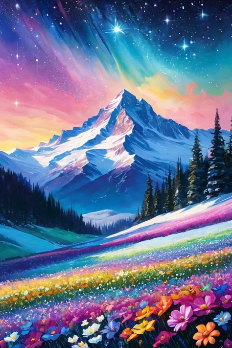 Animated, exquisitely detailed, colors bright and deep, pastel, dramatic, bright and colorful background. A breathtaking morning. Looking out over a tranquil flower field. Vibrant wildflowers bloom in the foreground and snow-capped mountains can be seen in...