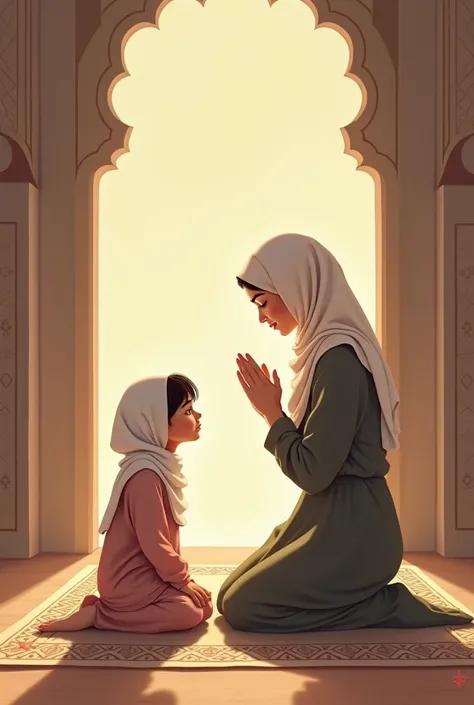 MAKE AN ILLUSTRATION OF A  AND A GIRLS PRAYING WITH RAMADAN KAREEM NUANCE