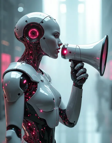  Creates an ultra-realistic image of a humanoid AI robot in profile,  with a futuristic design and metallic details in silver tones and details pink .  The robot has a shiny metallic structure . In his right hand,  it holds a futuristic megaphone with visi...