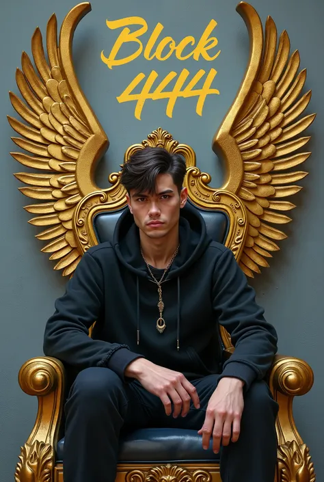 Create realstic image a 20 year old attitude boy is sitting on a king chair with golden wings and behim him the colour of the wall is gray on which ” Bloch 444” Written in curve style