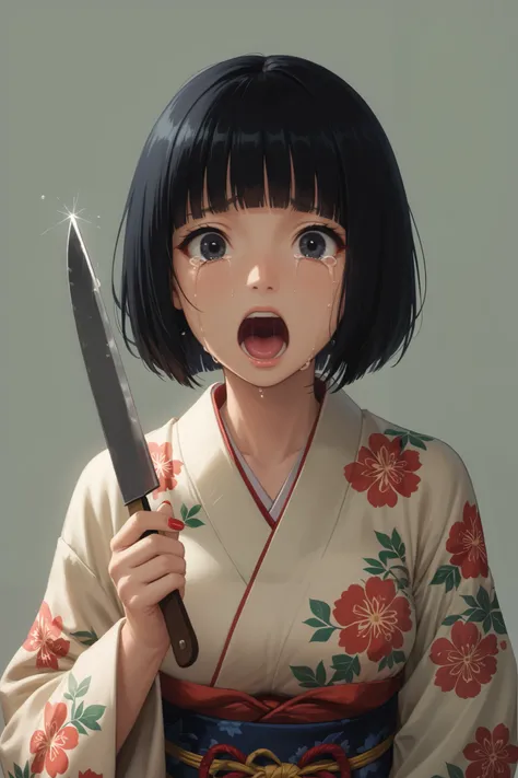 score_9, score_8_up, score_7_up, (1girl, solo), upper body, (black short hair, bob cut, blunt bangs), (black eyes, crying, tears), (open mouth, shout), (Japanese clothes, kimono, floral print, sash, long sleeves, obi, large breasts), head tilt, holding coo...