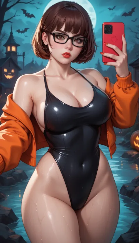 Perfect Selfie , Velma, black swimsuit,black swimsuit,((glasses)),brown eyes, windy,thick thighs,large breasts,vibrant colors,Gloomy swamp background,take the key,wet, lipstick and lip gloss , cinematic highlight,clima Halloween, serious expression, rear v...