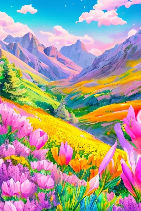 Animated, exquisitely detailed, colors bright and deep, pastel, dramatic, bright and colorful background. A breathtaking morning. Looking out over a tranquil flower field. Vibrant wildflowers bloom in the foreground and snow-capped mountains can be seen in...