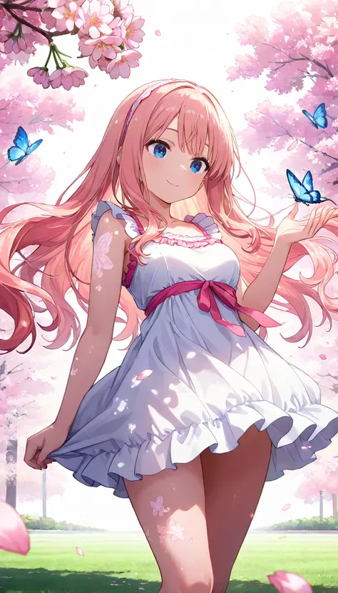 (CG Unity 8K wallpaper very detailed) ( better quality ) (Better lighting) (an extremely delicate and  beautiful) (floating) ( beautiful) ( spring vibe) ( 1 girl in the best) ( long pink hair ), ( Hair Band ), (detailed and  beautiful blue eyes), (( Very S...