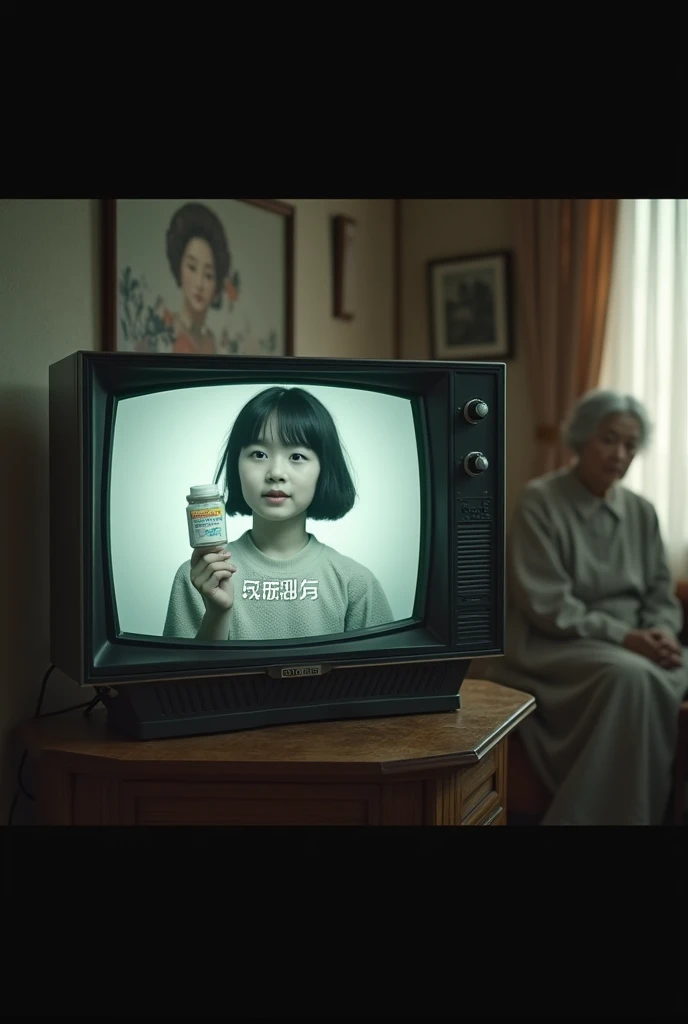 Showa３０ draw a commercial for cold medicine with a woman sticking out a package of medicine in a close-up of a black and white television screen from the {x} era。Realistic product commercial 、Real TV 、カラー photosだがテレビ画面はモノクロームで商品名のテロップあり、、( The black and wh...