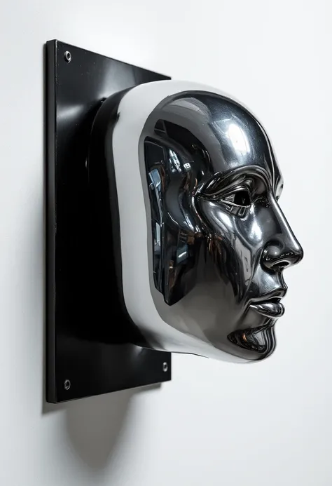 IMAGE FROM THE SIDE of a Tutankhamun Mask from the side,  front part in solid polished silver and reflecting everything around you, strong lighting, eyeless mask with open mouth ,   it hangs on a black metal wall  ,  white background, Cyberpunk Style