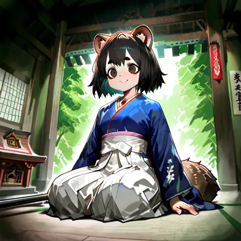  raccoon ears, Bob,  black hair,round thick eyebrows , round eyes ,Dark brown eyes,Light brown skin、 Smiling Expression 、 light pink lips ,Big raccoon tail, Gorgeous Dark Blue Japanese Kimono、White Hakama, has a metal cane with a red jewel attached to it i...