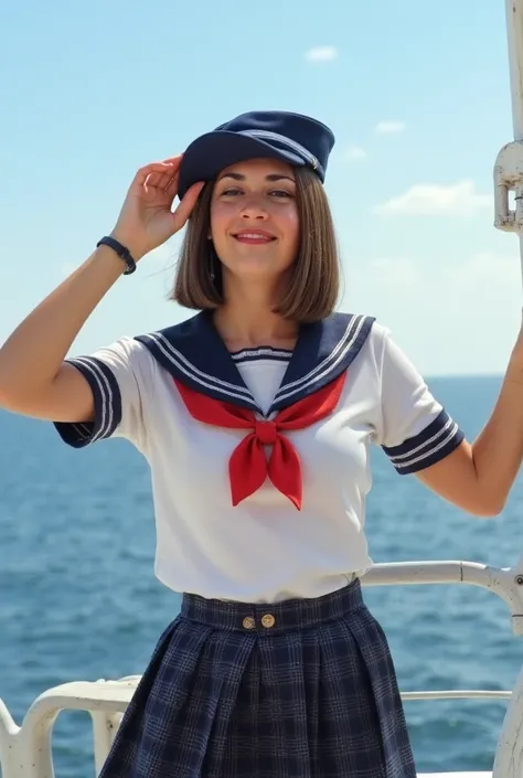 arafed woman in sailor suit posing on a boat, sexy,   body similar to Susana Zabaleta  ,  Semi-black hair  , Sailor uniform cut,blue with white, sailor clothes, At sea,   female sailor uniforms  , sexy,   posing sexy  , on a boat,   sailor uniform with loo...