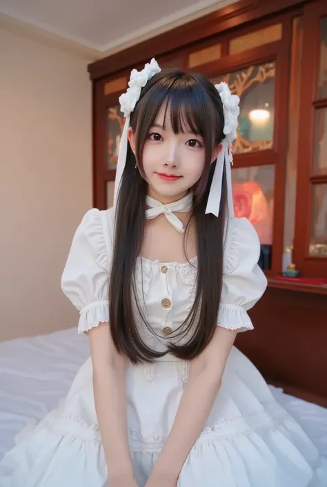  1 Nogizaka Girl ,  so cute, , , ( gothic lolita fashion ),  Exquisite Details and Beautiful Face, Eyes, and Skin,  Detailed Black Shiny Hair , Elegant frills, Ruffled tie, ribbon tie ,  rose hair accessory, ( smiling for the camera ), ( cowboy shooting), ...