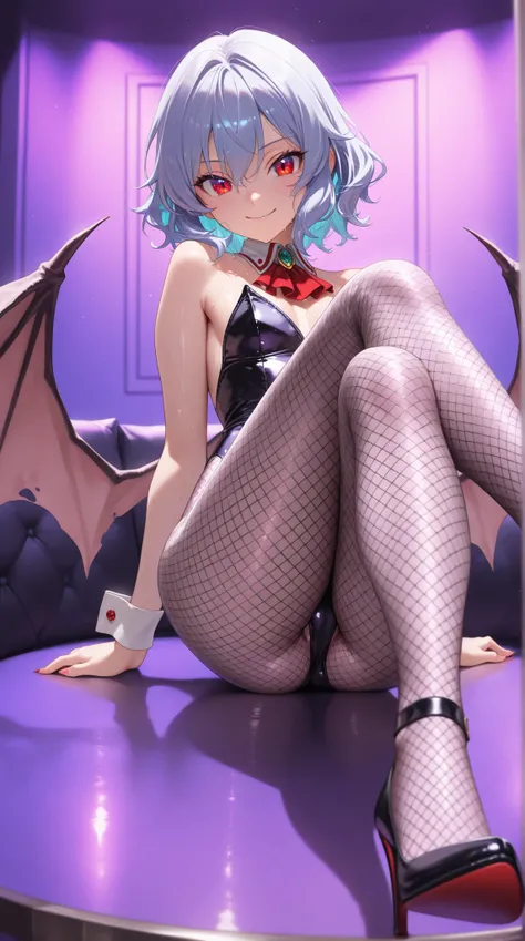 masterpiece, best quality, vibrant, very aesthetic, high contrast,  semirealistic , newest,NSFW,explicit,とても beautiful女性,One person, Remilia Scarlet, sweaty, sit with legs crossed,smile, LUXURY ROOM ,Purple Light,  bunny girl,Strong Gloss Outfit ,Iridescen...