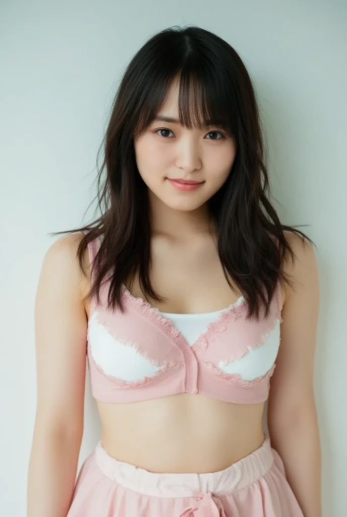  1,  23 years old,  beautiful,  Photo taken by ,  pastel pink and white bra wearing a sexy bra and micro panties ,  photorealistic,  high resolution,  high quality,  RAW Photos,   standing pose , smile,  detailed face,  detailed eyes ,   I have delicate ha...