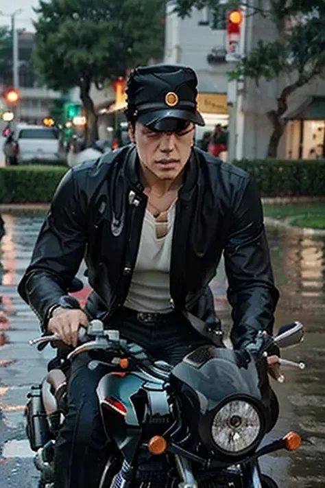 Jotaro on a motorcycle in the rain
