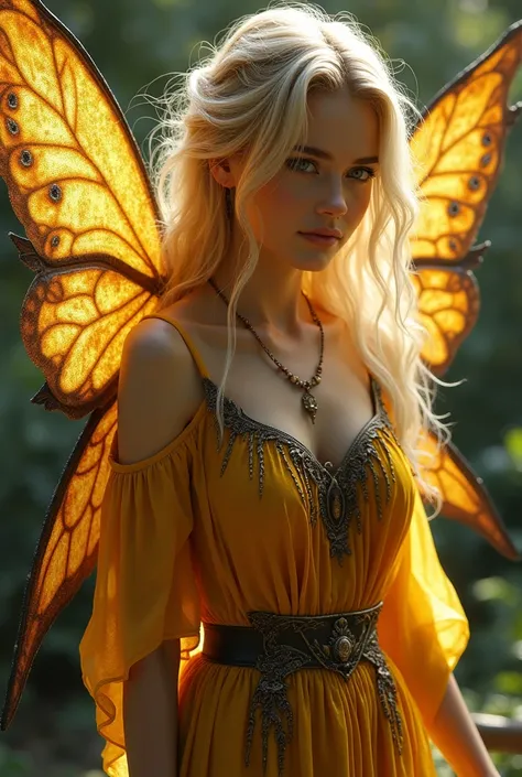 female fairy she has golden transperant wings that fade to black at the edege, the wings lay down her back, golden  crurly blond hair. realistic style.