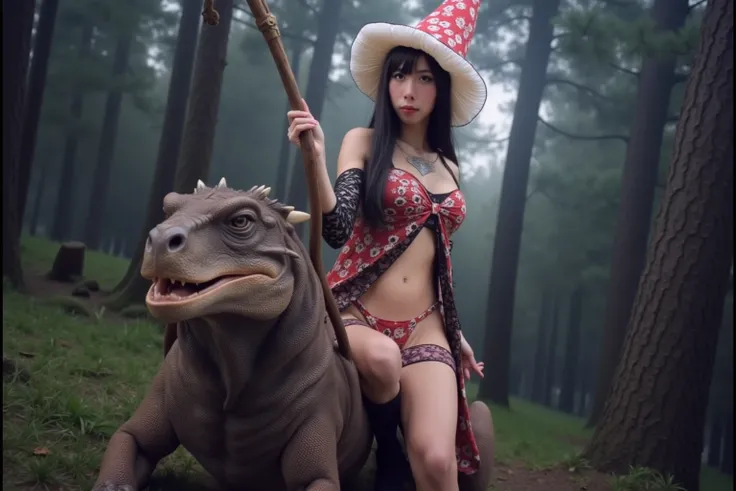 the mushroom sorcerers (cute, age 20, sexy mushroom themed revealing gown with arcane symbols, mushroom hat, magic staff) is lriding her (dragon lizard mount) into the enchanted forest, mystical moonlit night
