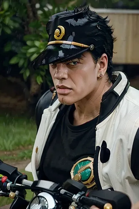 Jotaro on a motorcycle in the rain,  high quality,  good details , serious look, high score
