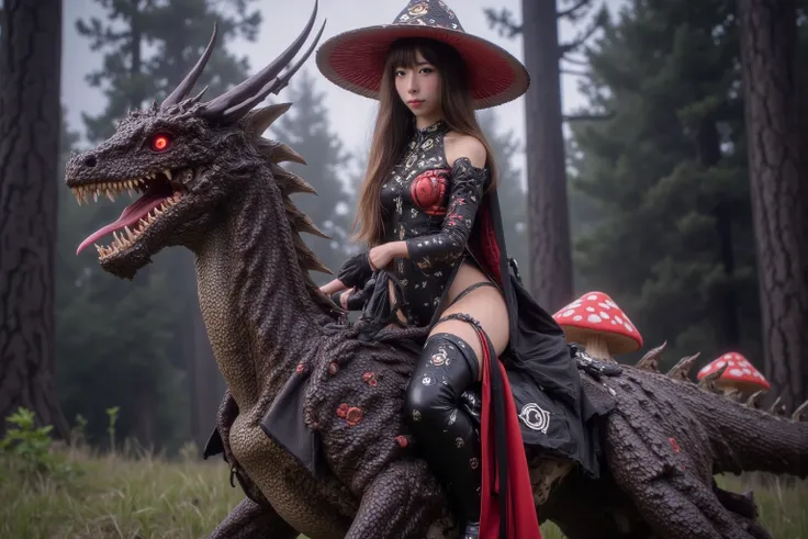 the mushroom sorcerers (cute, age 20, sexy mushroom themed revealing gown with arcane symbols, mushroom hat, magic staff) is lriding her (dragon lizard mount) into the enchanted forest, mystical moonlit night
