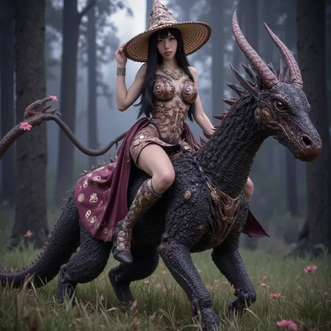 the mushroom sorcerers (cute, age 20, sexy mushroom themed revealing gown with arcane symbols, mushroom hat, magic staff) is lriding her (dragon lizard mount) into the enchanted forest, mystical moonlit night
