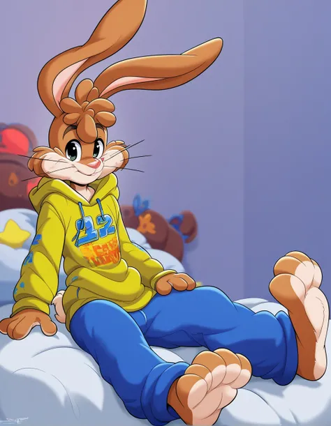 zPDXL3,quicky,4 fingers,brown fur, blue pants, yellow winter hoodie, sitting down on the bed in the bedroom, 25 year old adult, 6 feet tall, cute version of quicky, cute rabbit hair, furry, rabbit, male, femboy, slim,solo,looking_at_viewer,