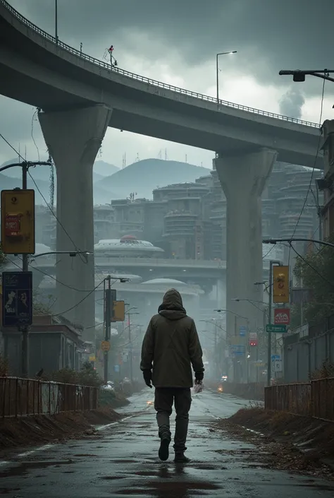 Image from a height of 200 meters of a curved viaduct made of crumbling gray concrete supported by wide and tall pillars of cars passing over the center of an abandoned ultra futuristic modern city with abandoned rusty and dirty cars and buses standing ups...