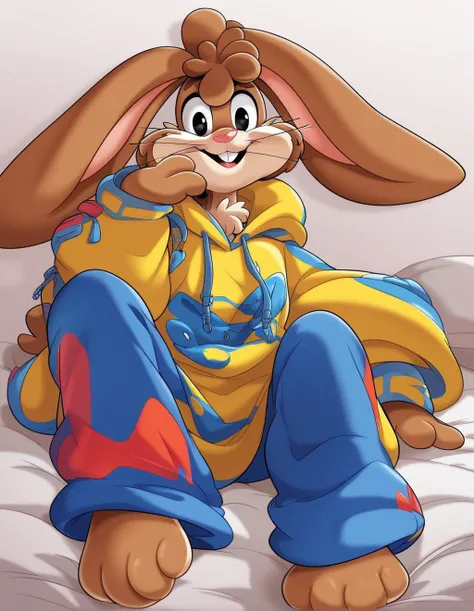 zPDXL3,quicky,4 fingers,brown fur, blue pants, yellow winter hoodie, sitting down on the bed in the bedroom, 25 year old adult, 6 feet tall, cute version of quicky, cute rabbit hair, furry, rabbit, male, femboy, slim,solo,looking_at_viewer,