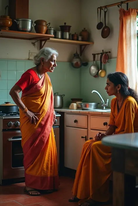 In an Indian kitchen, a old mother-in-law and young daughter-in-law are having a heated argument. The kitchen is traditional, with utensils hanging on the wall, and a stove with cooking pots. The mother-in-law is standing near the counter with an assertive...