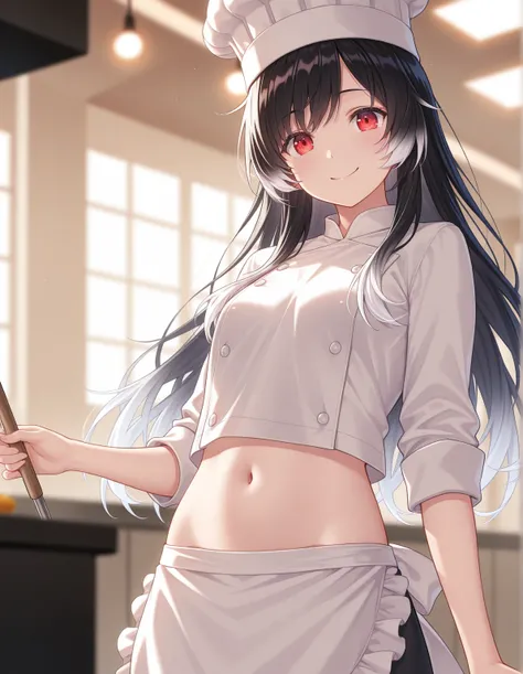 super fine illustration, vibrant colors, masterpiece, sharp focus, best quality, depth of field, cinematic lighting, ultra detailed, navel, stomach, thin, mid length hair, black hair, white tips of hair, red eyes, cute face, apron, chef hat, eager smile, a...