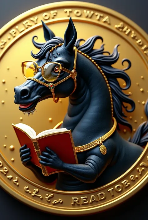 The coin features a black horse with its head as a dragon, tail as a bull. It is a ripe gold coin, bright virtual reality. It is a smiling horse wearing glasses, reading a book, wearing gold jewelry and looking happy. Around the rim of the coin is written ...