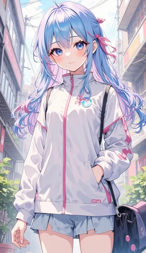 ( masterpiece,   more details ,  envelope,   clear focus , shadow,  anime-style ,    super high resolution , 8k,  perfect anatomy,  perfect face, (  detailed face ), (  detailed eyes  ),  anime girl ,  blue eyes .  The background is an urban landscape  . a...