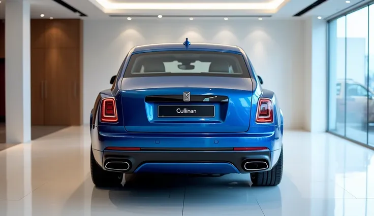 Back view of painted adriatic with  2025 rolls Royce cullinan sleek in large shape sedan in large size with rolls Royce logo on its large detailed grille in Adriatic blue clour with angular sporty design captured from back view with modified sleek Front Li...