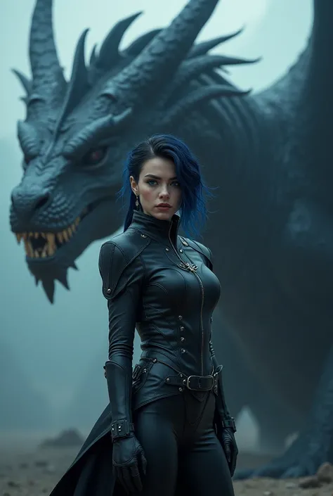 A women has black but some blue pieces hair, blue eyes, leather-black riding suit, in the background some lightings and a huge black dragon, 