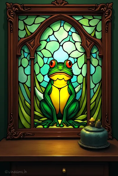 Close up of a framed photo of a frog on a table  ,   An elaborate painting inspired by Louis Comfort Tiffany, Popular on Pexels, Art Nouveau,  Stained Glass art,  Stained Glass style, glowing  Stained Glass backdrop, Frogs-themed, green  Stained Glass, bac...