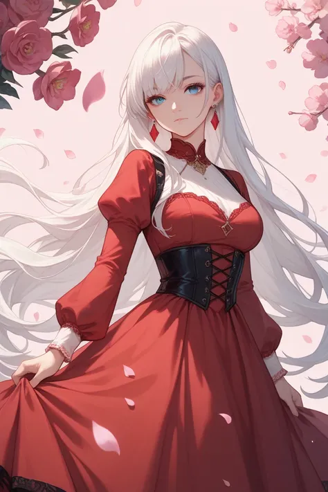 an anime drawing of a young woman with long white hair standing in front of a pink background, 1girl, solo, long hair, blue eyes, dress, jewelry, petals, looking at viewer, very long hair, long sleeves, bangs, earrings, red dress, breasts, closed mouth