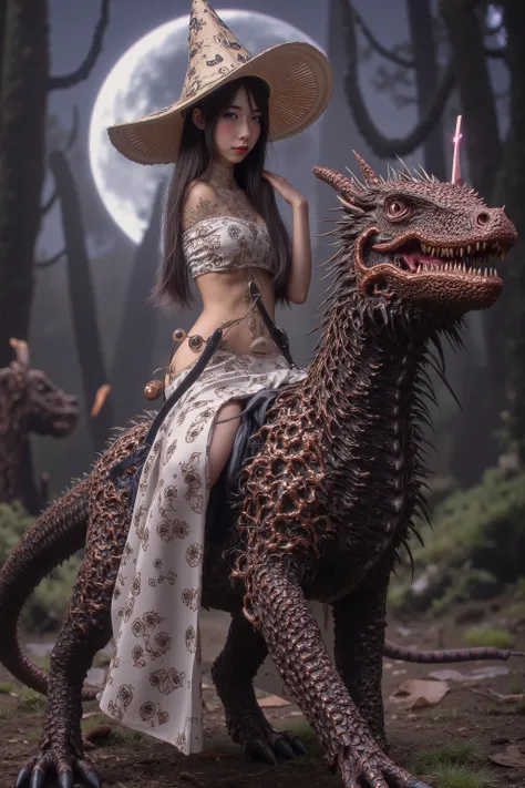the mushroom sorcerers (cute, age 20, sexy mushroom themed revealing gown with arcane symbols, mushroom hat, magic staff) is lriding her (dragon lizard mount) into the enchanted forest, mystical moonlit night
