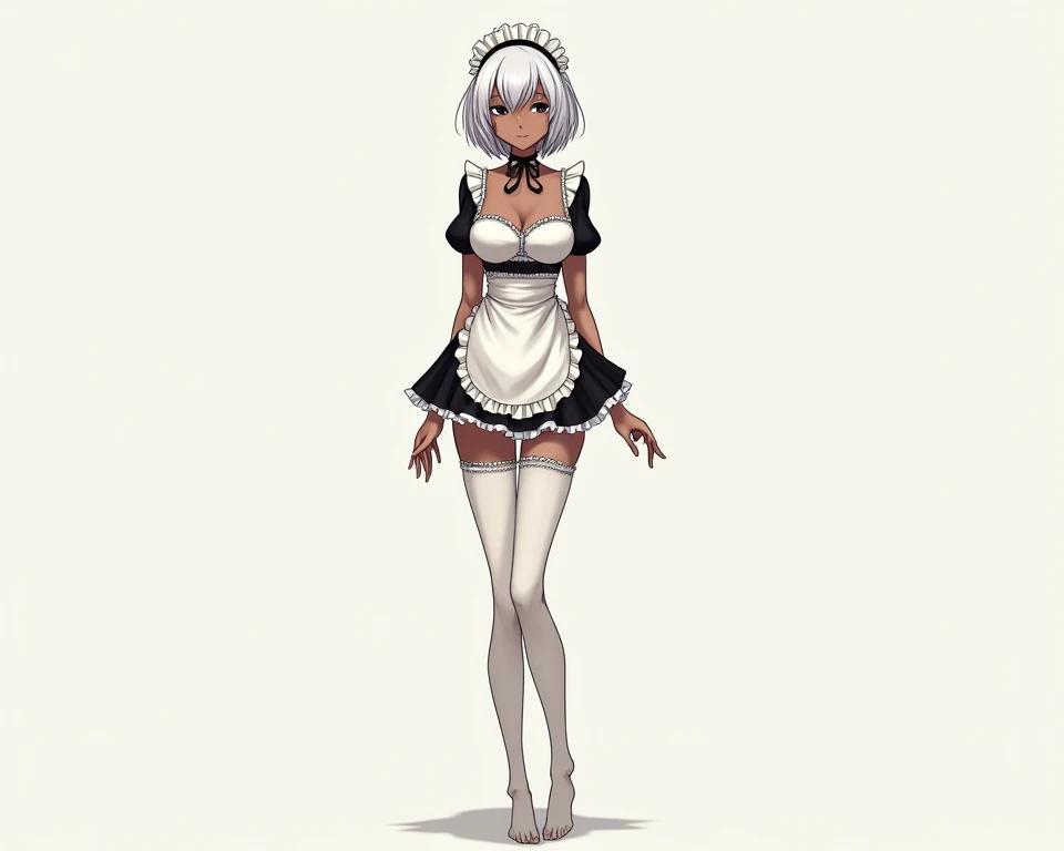 Draw a completely naked skinny anime girl with very large and lush breasts in stockings and a maid costume. There is no top in the costume, so the breasts are completely exposed and are fully visible. The hem of the costume is very short and does not cover...