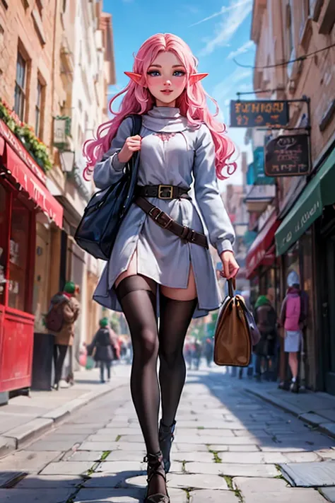 Woman, long wavy hair, blue eyes, pink hair, elf, city, walking, full body, small bag ,Happy, medieval , Medieval the city 