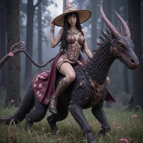the mushroom sorcerers (cute, age 20, sexy mushroom themed revealing gown with arcane symbols, mushroom hat, magic staff) is lriding her (dragon lizard mount) into the enchanted forest, mystical moonlit night