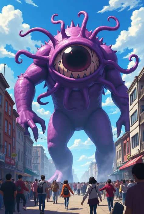 (((giagantic building sized one eyed purple monster with tentacles)), big mouth, ((one big eye with black pupil)), two legs, crowd of people, attacking city. daytime, vibrant colors, dramatic lighting, simple detail, anime style