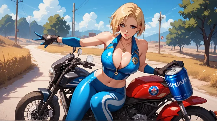 Sexy blue mary , UHD,  short hair,  blond hair blue skirt,  blue eyes, Red lips,  big breasted, gold necklace, wearing tight red and dark blue MMA clothing,   motorcycle gloves,  in a wasteland, Sitting on a motorbike, sweating,  drinking from a can, pose ...