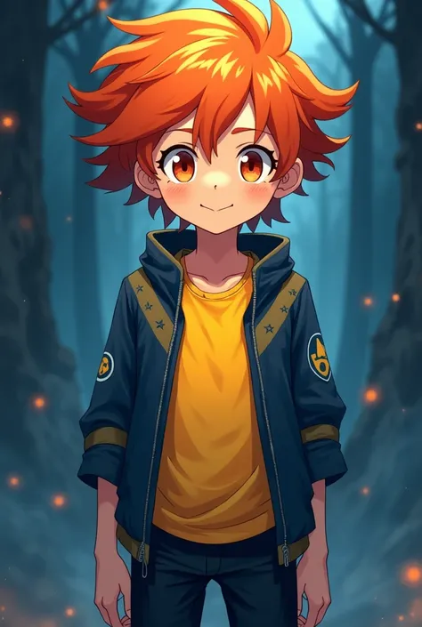 Anime young boy with orange hairs and eyes wearing yellow t shirt Pokemon dark,blue jacket and black pant whole body