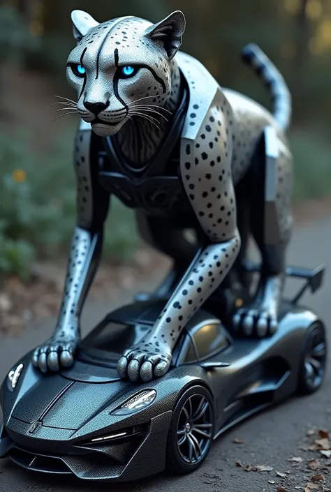 Sports Car & Cheetah: A sleek, metallic cheetah with glowing blue eyes, its body partially transforming into a high-speed sports car with chrome and carbon fiber panels. The design emphasizes agility and speed, with dynamic aerodynamic lines.