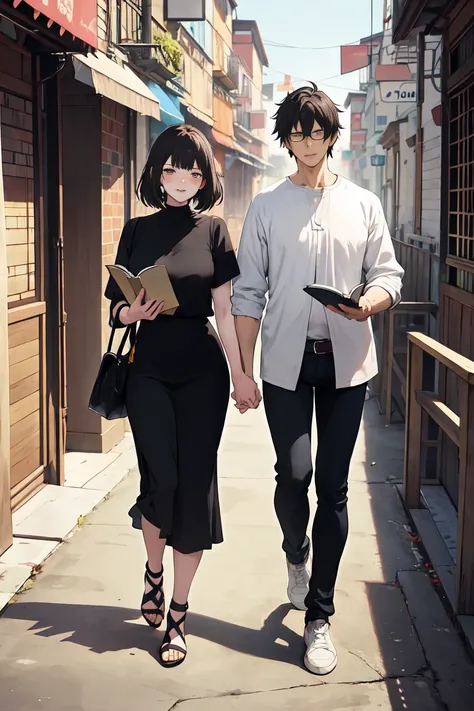  Create a passionate anime couple . The callous-haired man .  Dark-haired woman.  They represent the MBTI INFJ and ISTJ types . They like to read ,  cats and trips to cultural places .  Let the older couple .  Let the couple wear geeky clothes .