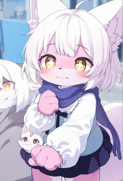  Fox Girl ， furry girl， Female Toddler Characteristics ，pink skin ， white hair ，White Arm，scarf， skirt