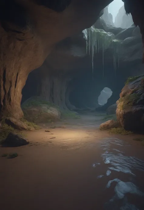 Eerie Places, cave entrance, 3D Game Cinematic Feel, Epic 3D Videogame Graphics, Intricately Detailed, 8K Resolution, Dynamic Lighting, Unreal Engine 5, CryEngine, Trending on ArtStation, HDR, 3D Masterpiece, Unity Render, Perfect Composition, eerie lighti...