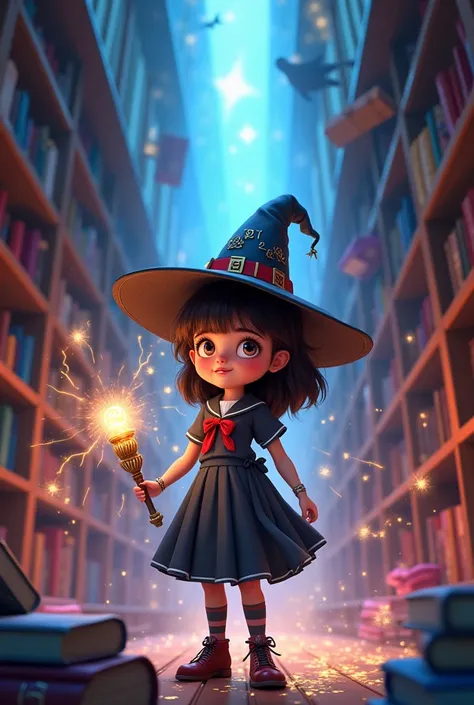 Book cover a schoolchildren witch stands in the library and does magic with the magic wand Pixar style